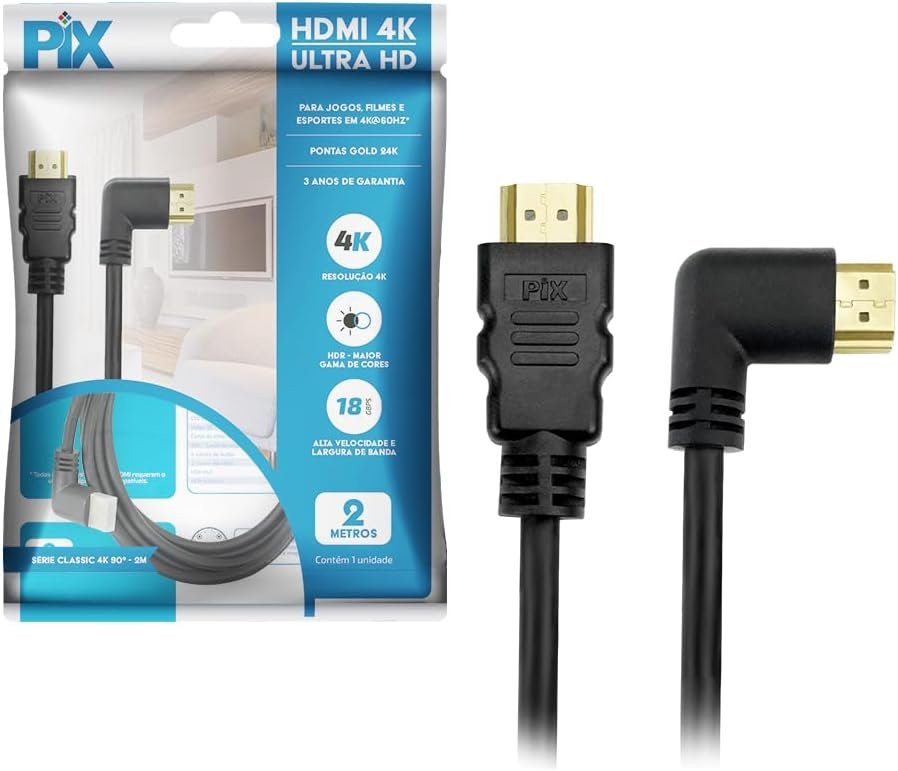 PIX Cabo HDMI 2.0 4K 19 Pinos - Plug 90 Graus, 2 Metros - Imagem 2