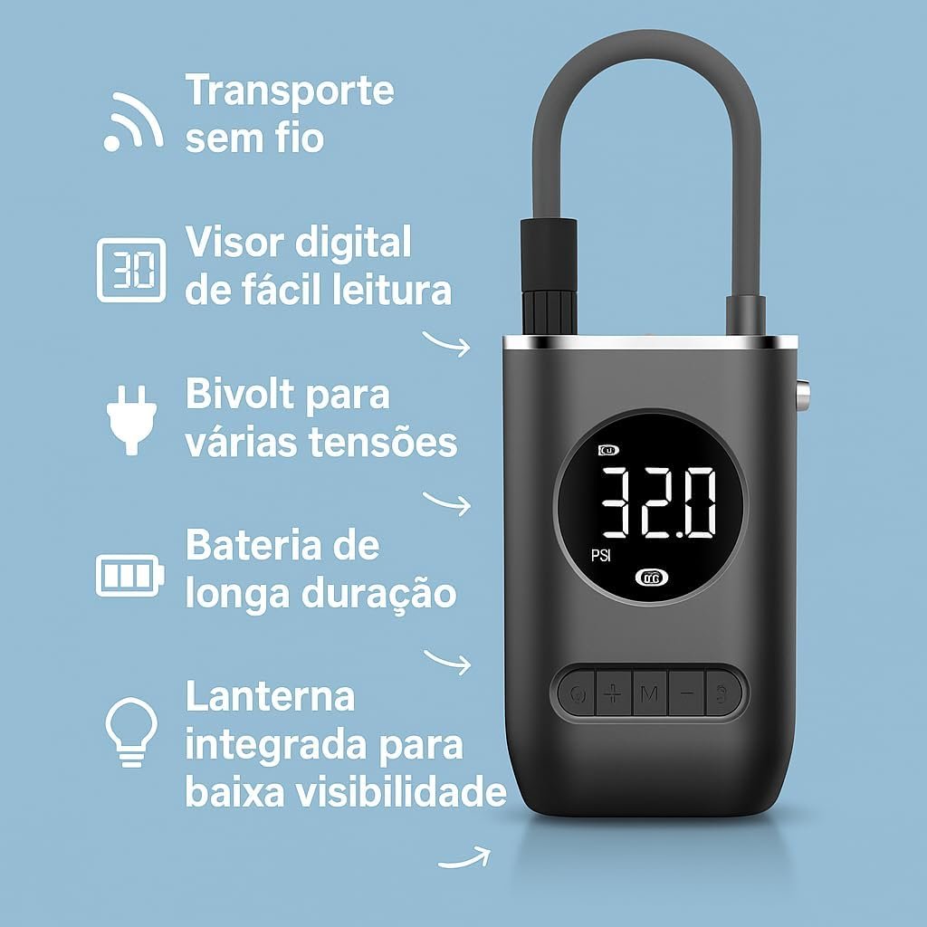 Calibrador Compressor Bomba De Ar Portátil Digital Mini Com Lanterna LED para Encher Pneus de Carro, Moto, Bike, Bicicleta, Bola e Piscina Inflável - Imagem 4