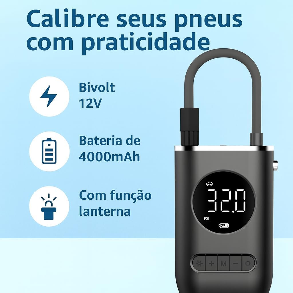 Calibrador Compressor Bomba De Ar Portátil Digital Mini Com Lanterna LED para Encher Pneus de Carro, Moto, Bike, Bicicleta, Bola e Piscina Inflável - Imagem 3
