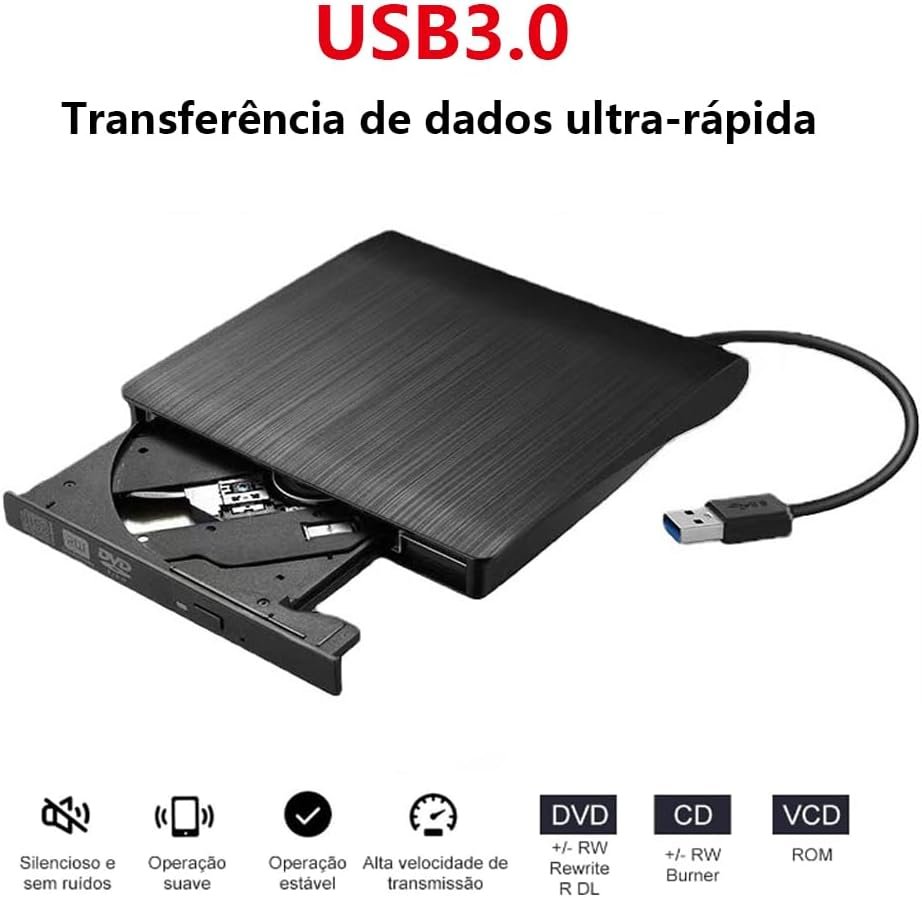 Gravador DVD Externo USB 3.0, Leitor Portátil Slim para PC e Notebook, Preto - Imagem 4