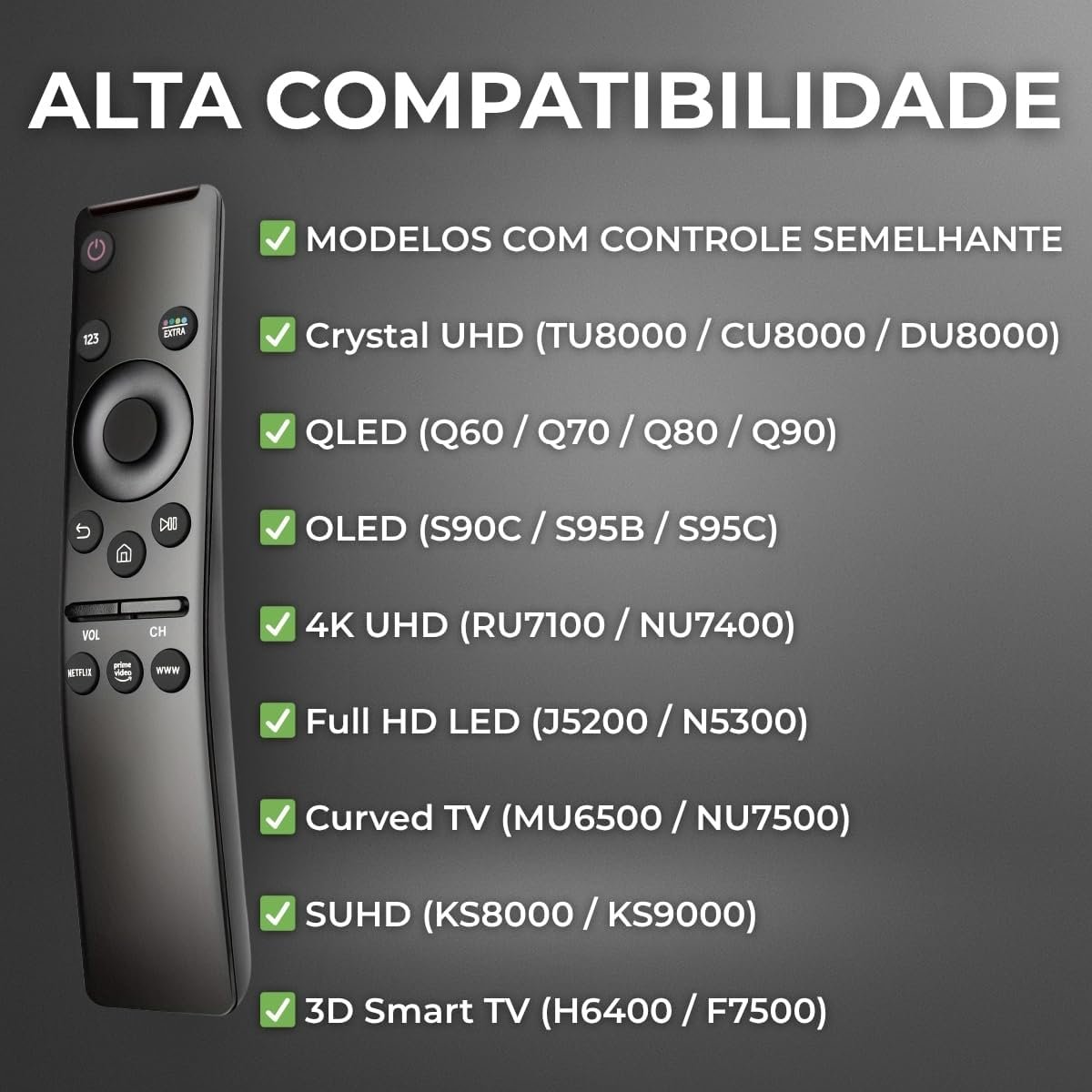 Controle Remoto Compatível com Smart TV Samsung — Com Botões Netflix, Prime Video e Globoplay— Funciona em Modelos 4K, QLED, Crystal, Neo QLED e OLED — Não Precisa Configurar - Imagem 6