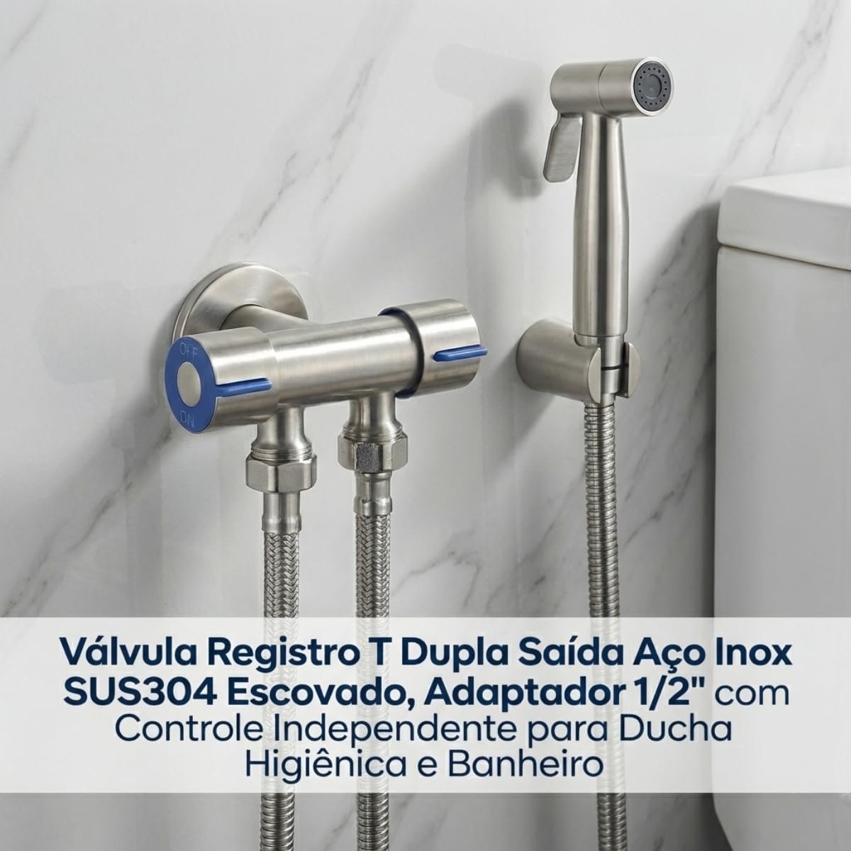 Válvula Registro T Dupla Saída Aço Inox SUS304 Escovado, Adaptador 1/2" com Controle Independente para Ducha Higiênica e Banheiro - Imagem 6