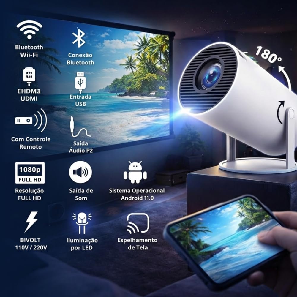 Mini Projetor Portátil Wi-Fi 6, Full HD 1080p Compatível 4K Bluetooth 5.0 Giro de 180 ° Projeção até 130” Android 11 Ideal para Séries Jogos e Filmes - Imagem 6