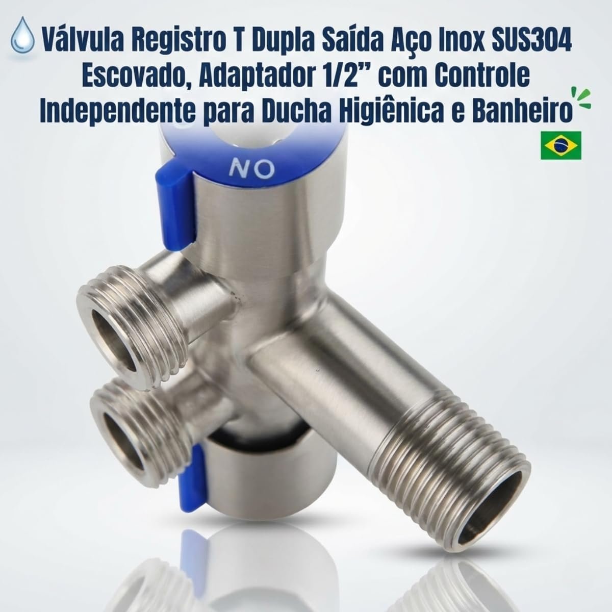 Válvula Registro T Dupla Saída Aço Inox SUS304 Escovado, Adaptador 1/2" com Controle Independente para Ducha Higiênica e Banheiro - Imagem 9