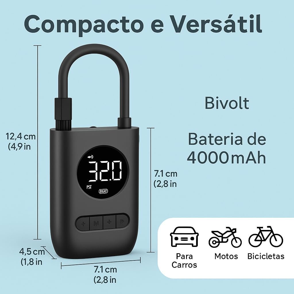Calibrador Compressor Bomba De Ar Portátil Digital Mini Com Lanterna LED para Encher Pneus de Carro, Moto, Bike, Bicicleta, Bola e Piscina Inflável - Imagem 5