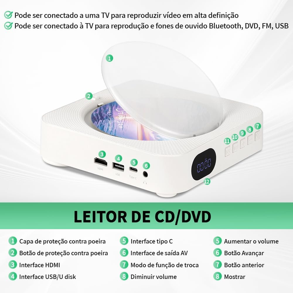 100-220V, Leitor de CD/DVD Multifuncional, CD Player Portatil, Suporta Saída HDMI HD 1080P, DVD Player HDMI, Alto-Falantes Integrados - Imagem 4