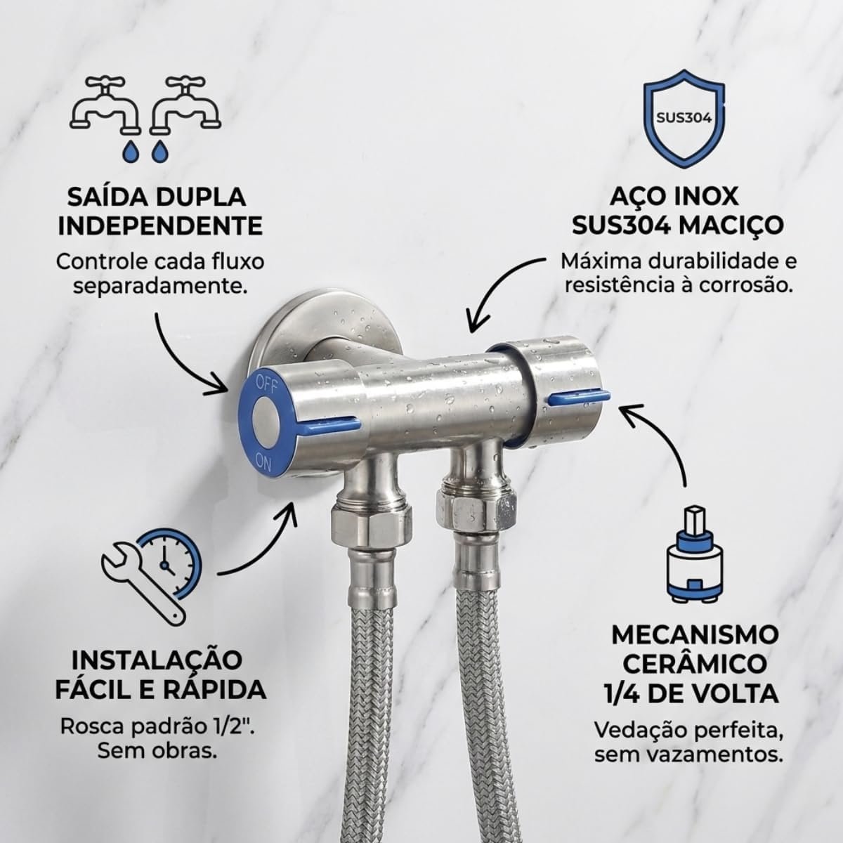 Válvula Registro T Dupla Saída Aço Inox SUS304 Escovado, Adaptador 1/2" com Controle Independente para Ducha Higiênica e Banheiro - Imagem 4