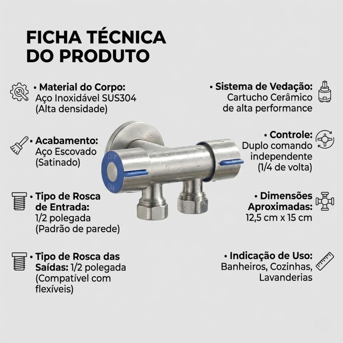 Válvula Registro T Dupla Saída Aço Inox SUS304 Escovado, Adaptador 1/2" com Controle Independente para Ducha Higiênica e Banheiro - Imagem 5