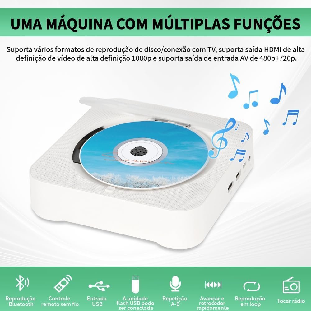 100-220V, Leitor de CD/DVD Multifuncional, CD Player Portatil, Suporta Saída HDMI HD 1080P, DVD Player HDMI, Alto-Falantes Integrados - Imagem 3