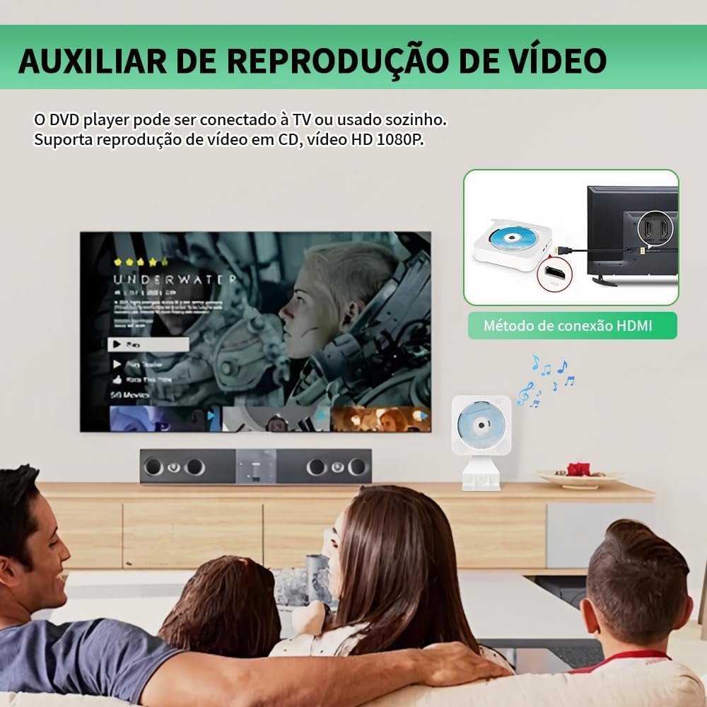 100-220V, Leitor de CD/DVD Multifuncional, CD Player Portatil, Suporta Saída HDMI HD 1080P, DVD Player HDMI, Alto-Falantes Integrados - Imagem 7