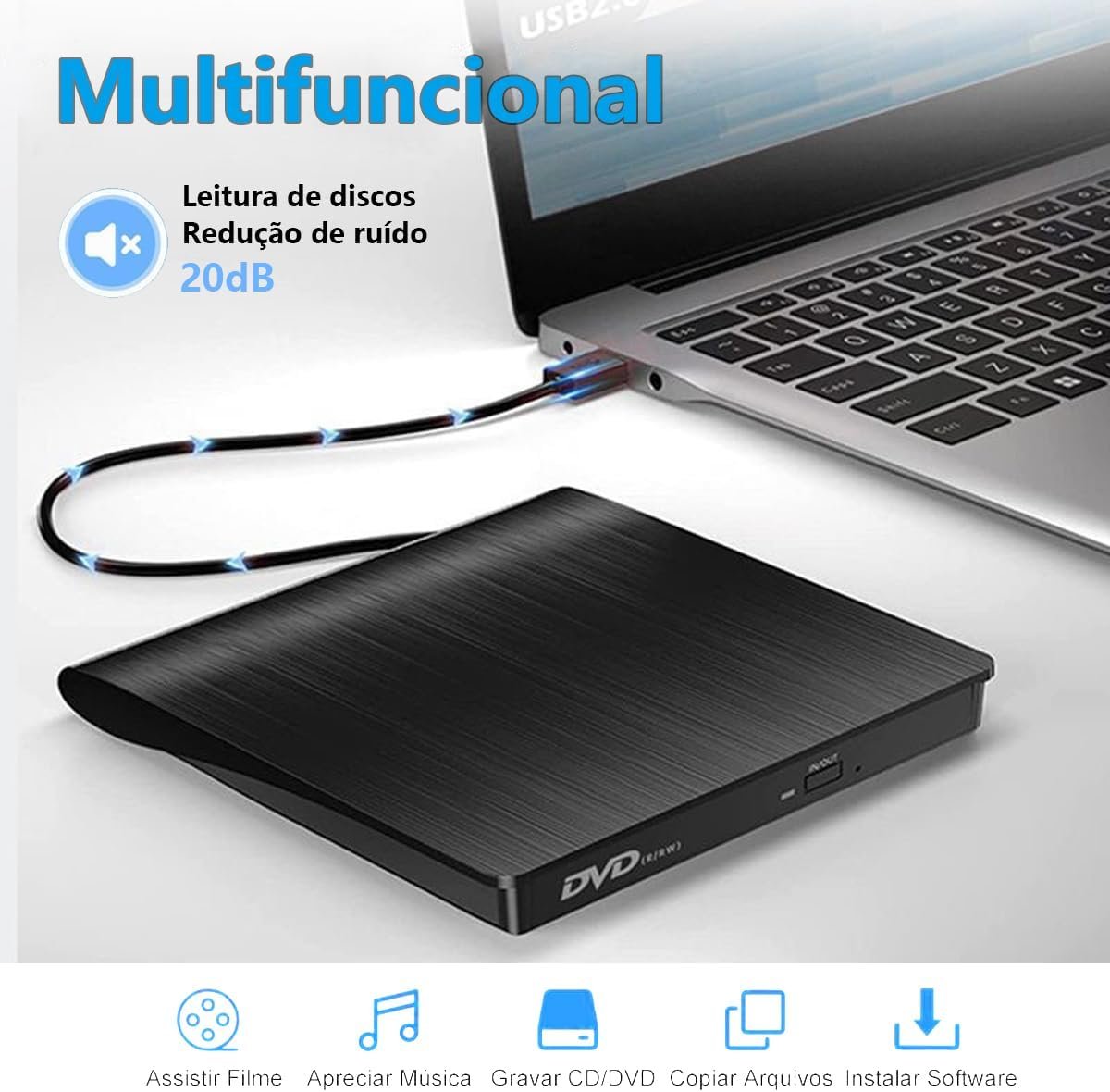 Gravador DVD Externo USB 3.0, Leitor Portátil Slim para PC e Notebook, Preto - Imagem 3