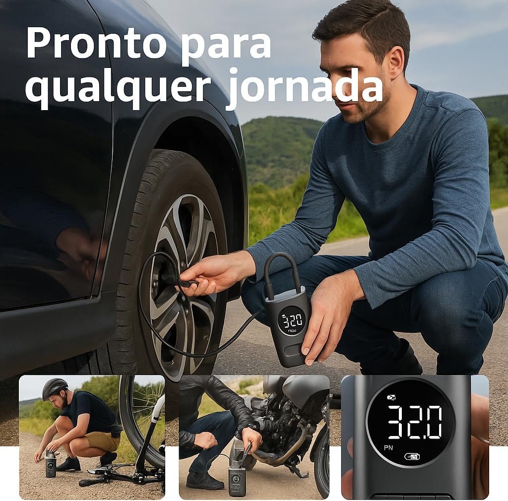 Calibrador Compressor Bomba De Ar Portátil Digital Mini Com Lanterna LED para Encher Pneus de Carro, Moto, Bike, Bicicleta, Bola e Piscina Inflável - Imagem 2