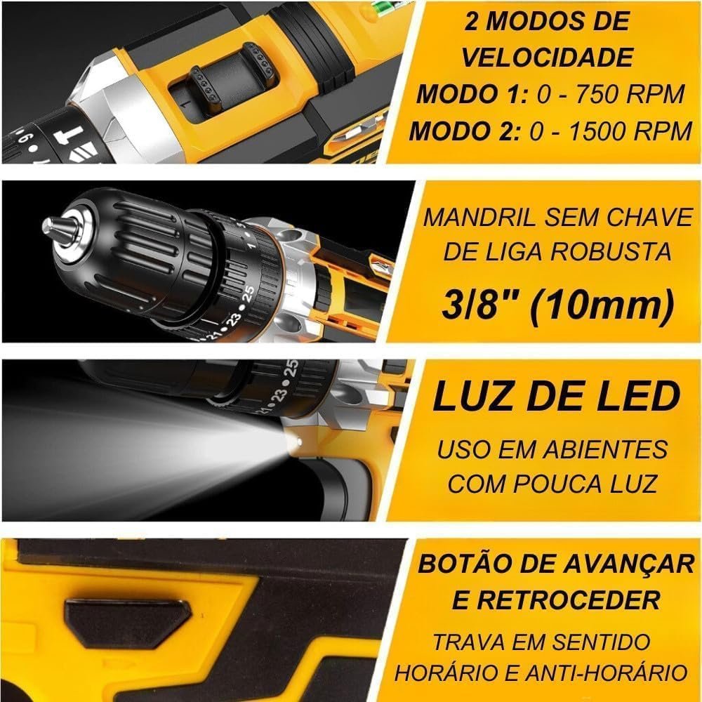 Furadeira e Parafusadeira de Impacto Sem Fio 21V com LED, 2 Baterias Recarregáveis Bivolt e 32 Acessórios - Maleta Completa para Uso Profissional e Doméstico - Imagem 6