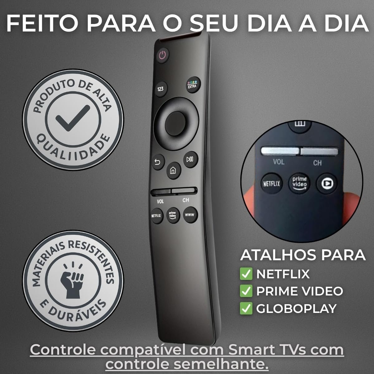Controle Remoto Compatível com Smart TV Samsung — Com Botões Netflix, Prime Video e Globoplay— Funciona em Modelos 4K, QLED, Crystal, Neo QLED e OLED — Não Precisa Configurar - Imagem 5