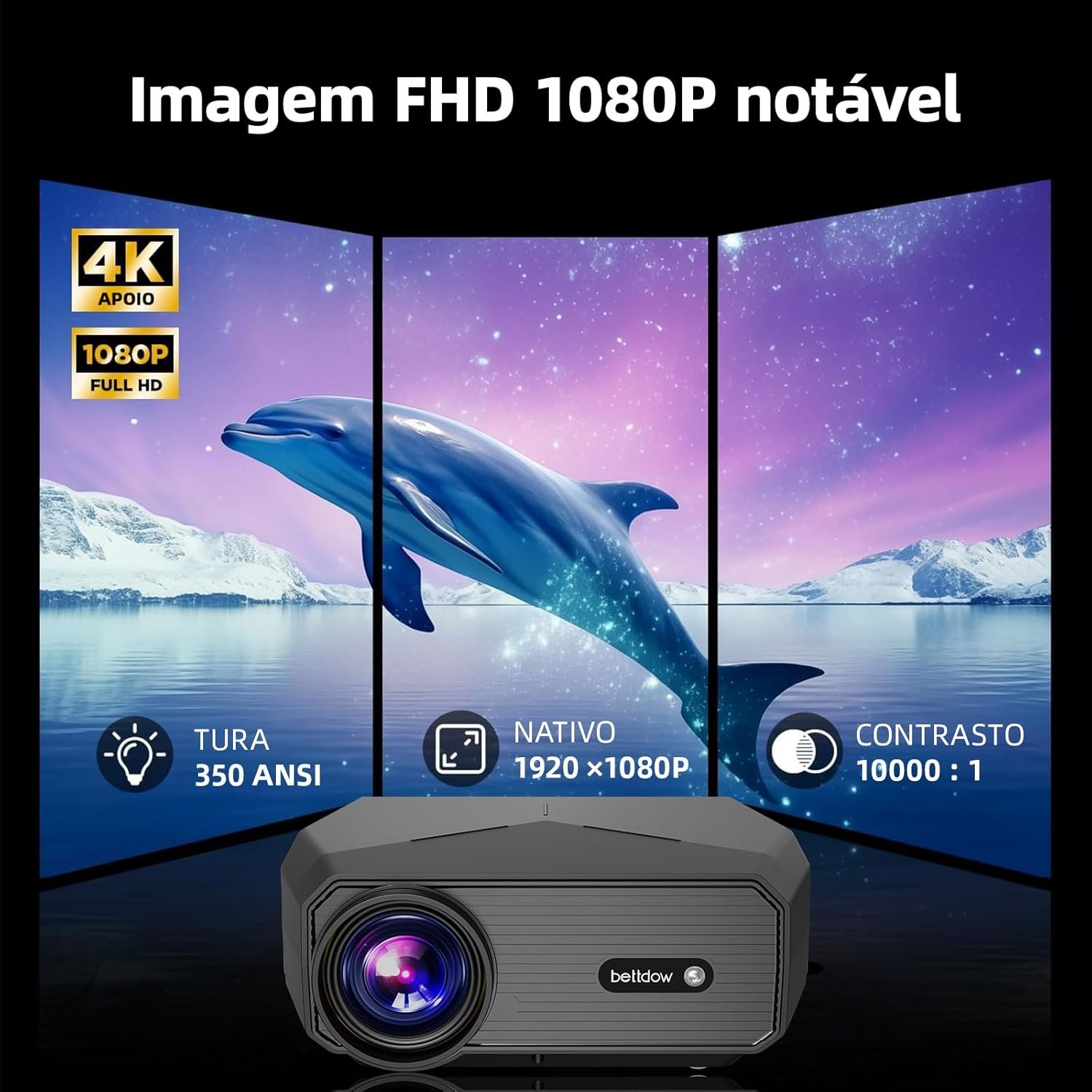 Bettdow Projetor 4k 8k 12000 Lumens Hd 1080p Compatível Completo De Android 9, Smart Projetores Retroprojetor Portatil 350 ANSI WiFi 6 BT5.0, Auto Correção Trapezoidal, Foco Automático - Imagem 3