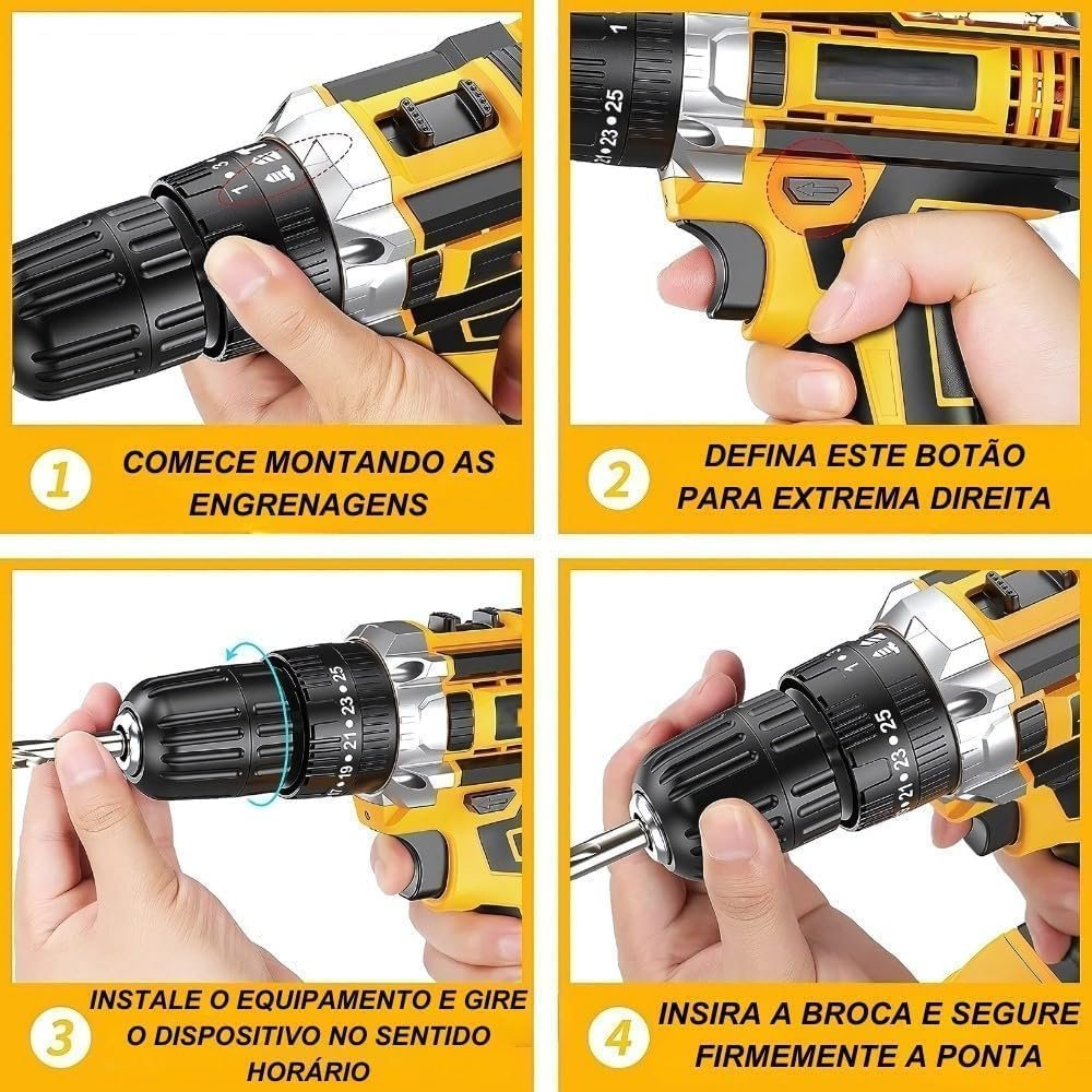 Furadeira e Parafusadeira de Impacto Sem Fio 21V com LED, 2 Baterias Recarregáveis Bivolt e 32 Acessórios - Maleta Completa para Uso Profissional e Doméstico - Imagem 4