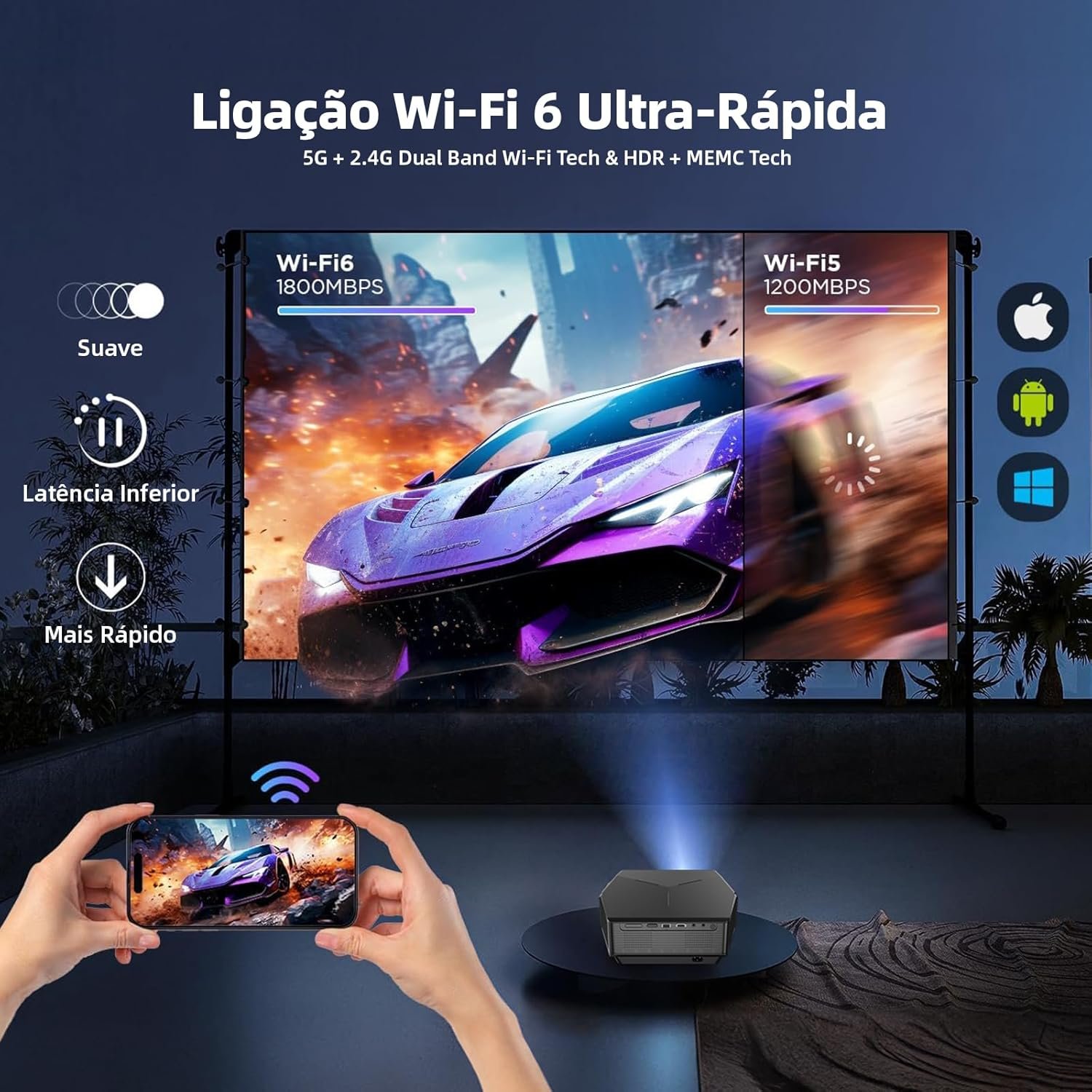 Bettdow Projetor 4k 8k 12000 Lumens Hd 1080p Compatível Completo De Android 9, Smart Projetores Retroprojetor Portatil 350 ANSI WiFi 6 BT5.0, Auto Correção Trapezoidal, Foco Automático - Imagem 6